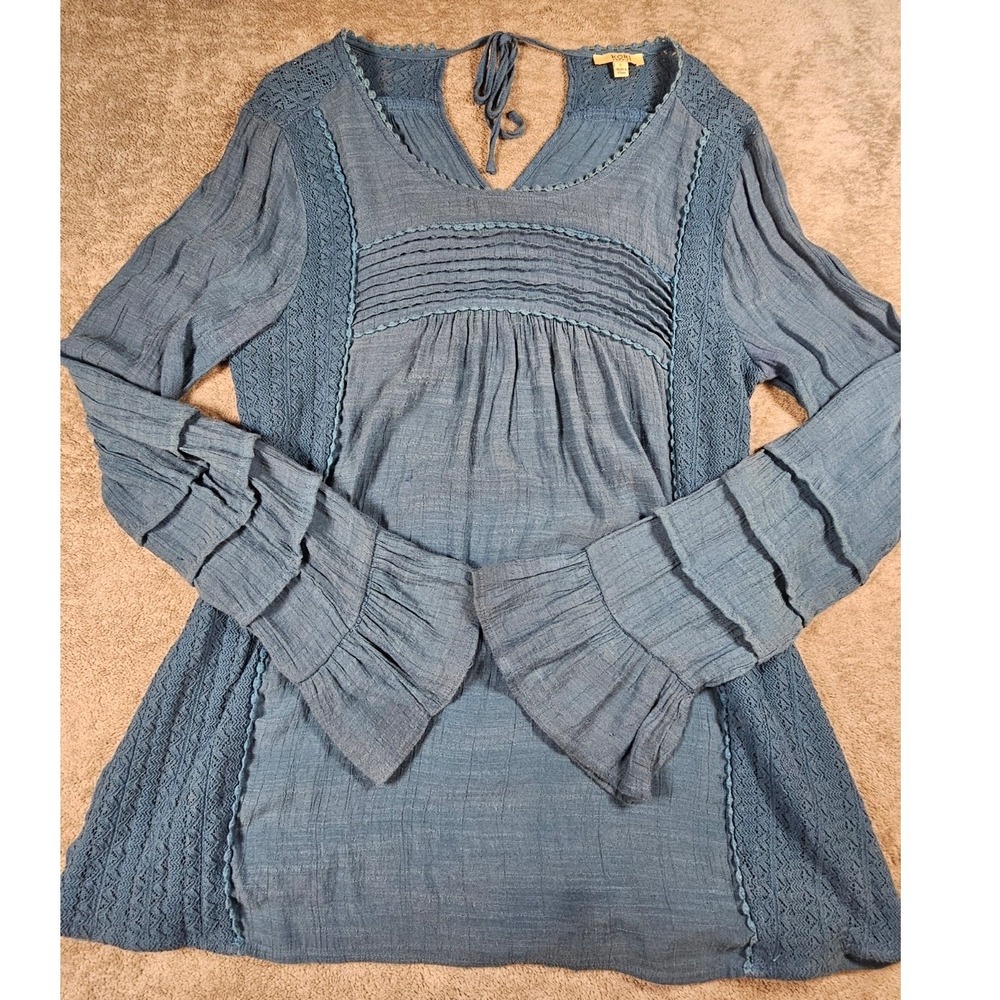 KORI America  Large Boho Tunic‎ Top Blue Bell Sleeve Crochet Lace Peasant Blouse
